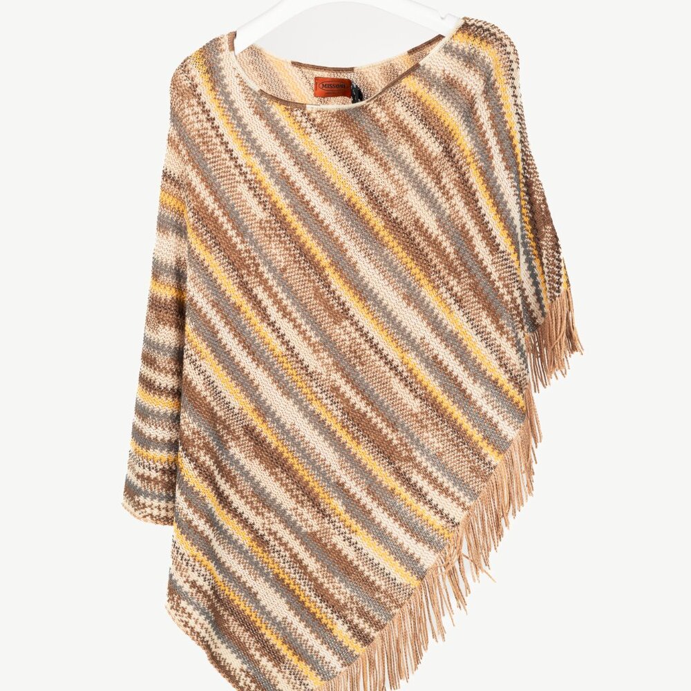 Missoni Brown & Yellow Wool-Blend Striped Knit Fringe Poncho